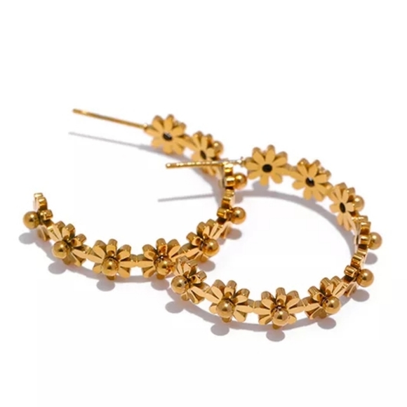 SS Round Flower Hoop Earrings - Picture 2 of 9